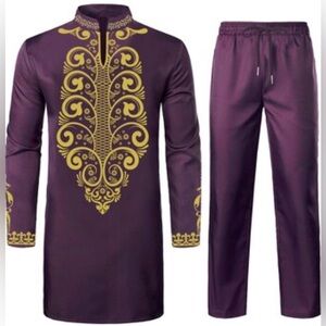 African 2 Piece Men’s Set Long Sleeve Dashiki, Men’s , Small ,Plum & Gold Print